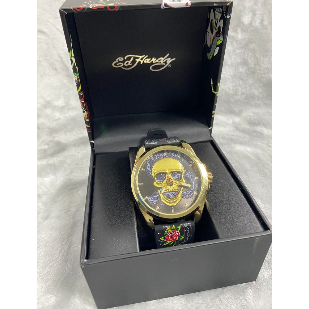 Ed Hardy 3D Skull & Snake Dial Watch Unisex 40mm Gold Black Purple 50451G-42-A01 - Picture 1 of 7